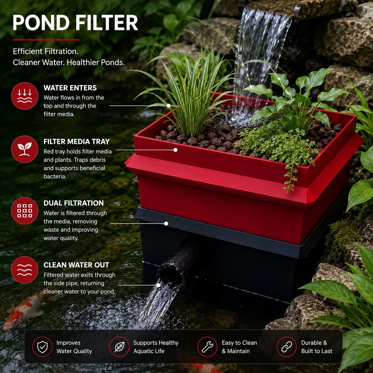 Red/Black Pond Filter Box Dual Filtration w/ Media Tray Waterfall Outlet gallery