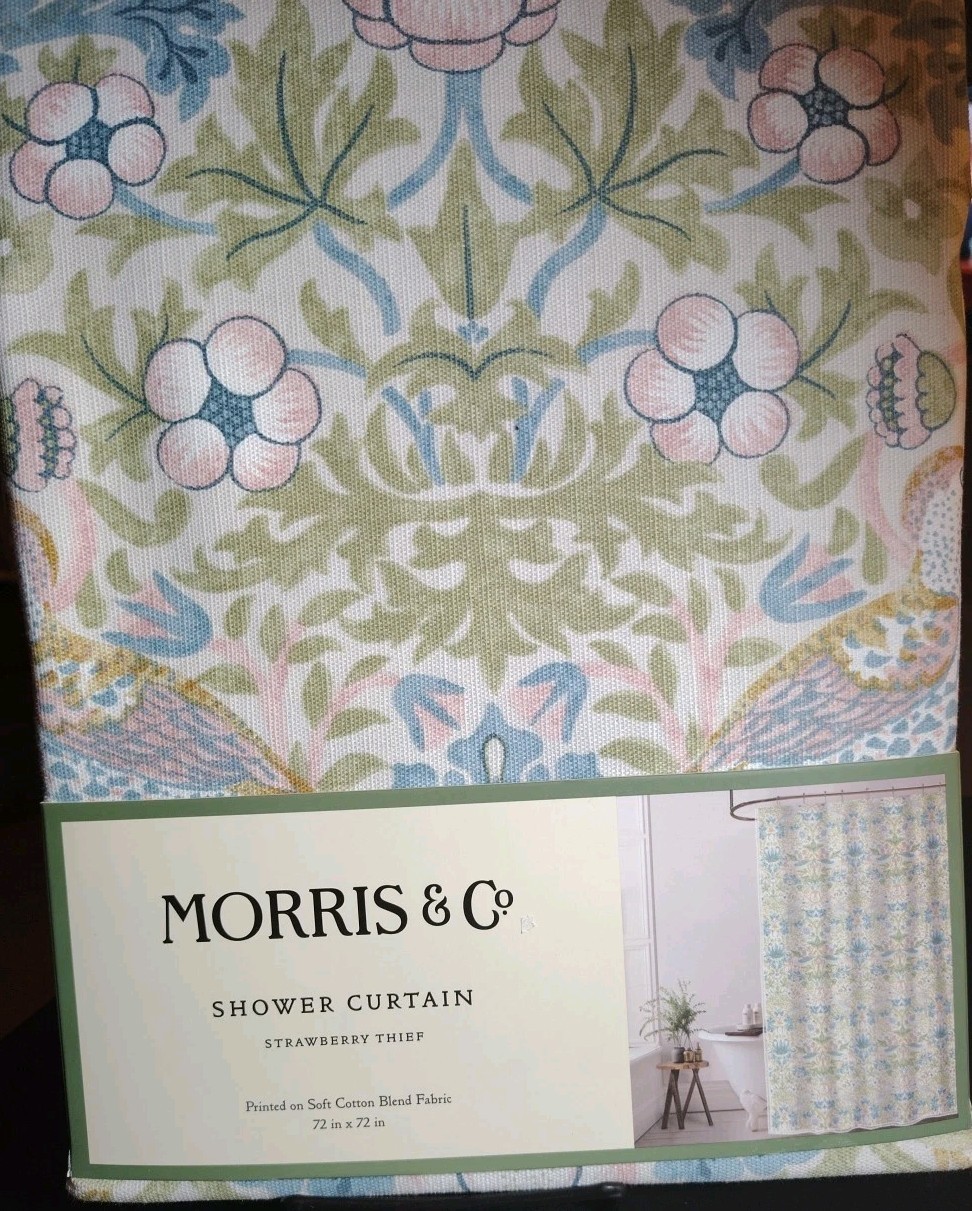 Morris & Co Strawberry Thief Floral Cotton Blend Fabric Shower Curtain 72"x 72" gallery