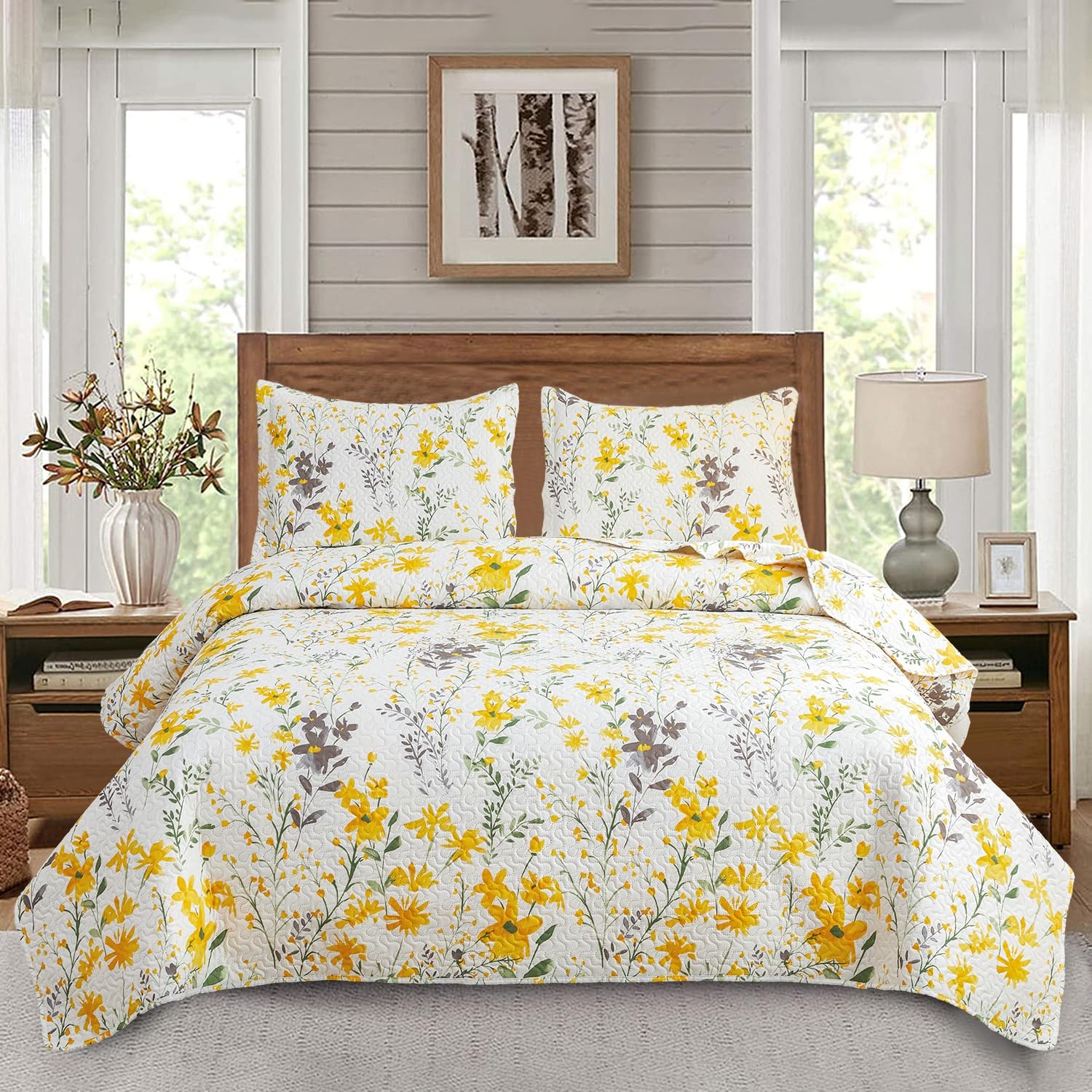 3-Piece Floral Quilt Set Full/Queen Size,Lightweight Spring Summer Country Be... gallery