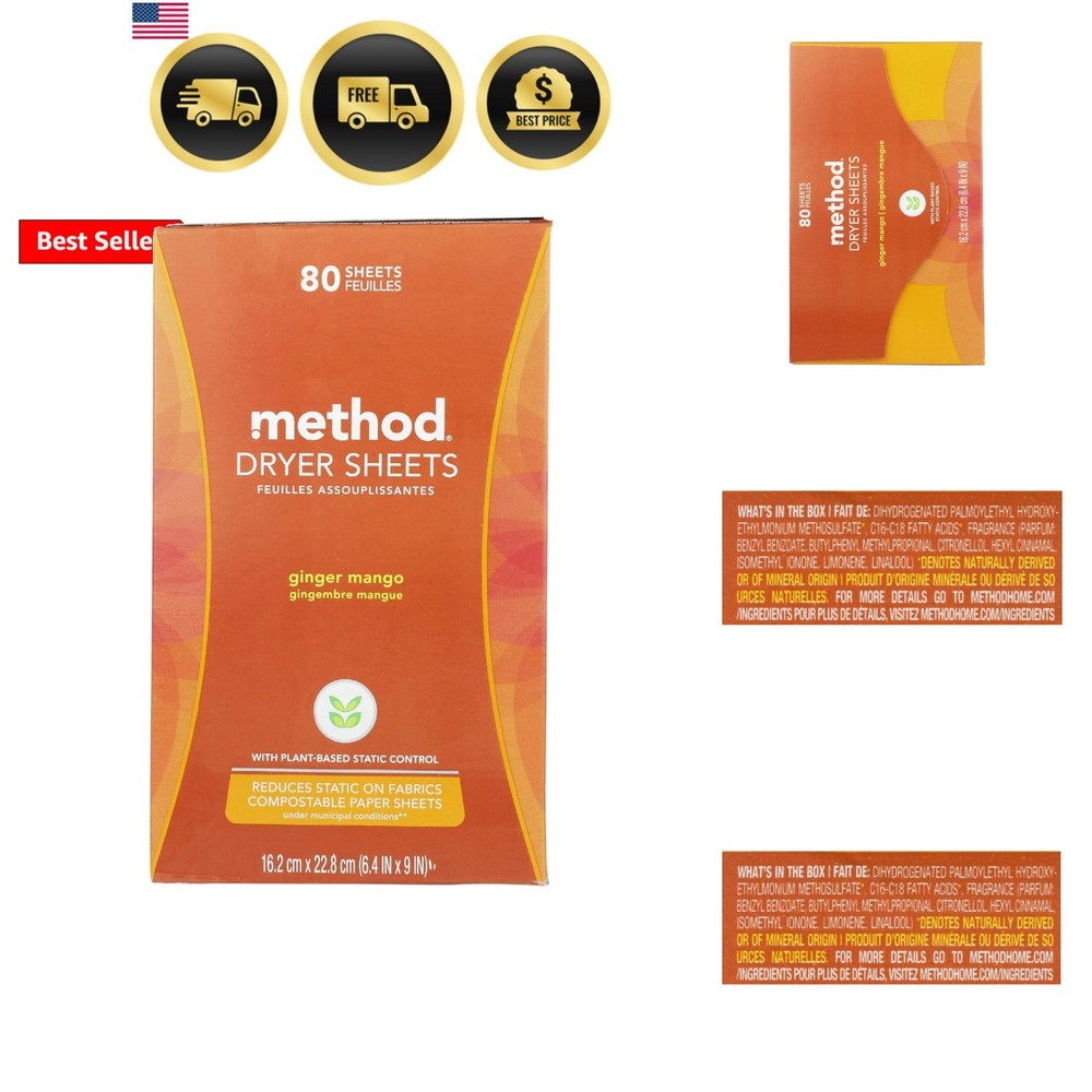 Dryer Sheets, Ginger Mango, 80 Sheets, 1 pack, Packaging May Vary
