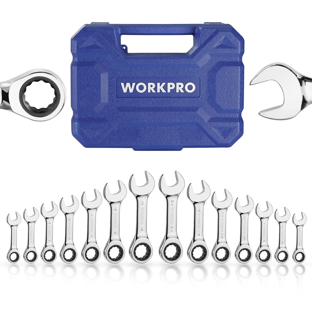 WORKPRO 14PC Ratcheting Combination Stubby Wrench Set SAE 3/8-3/4 Metric 10-18mm gallery