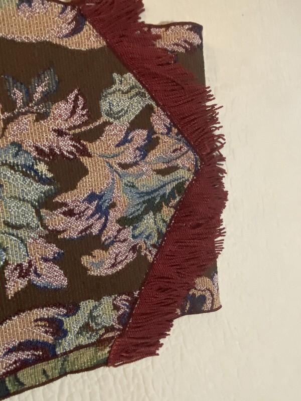 Tapestry style Table Runner 12” X 70”. Green Red Brown on Off-white. Hand Made gallery