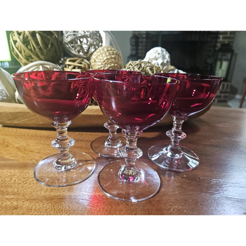 VTG Ruby Red Cordial Cocktail Glasses Goblets Set of 4 Fancy Clear Stems 4.25”