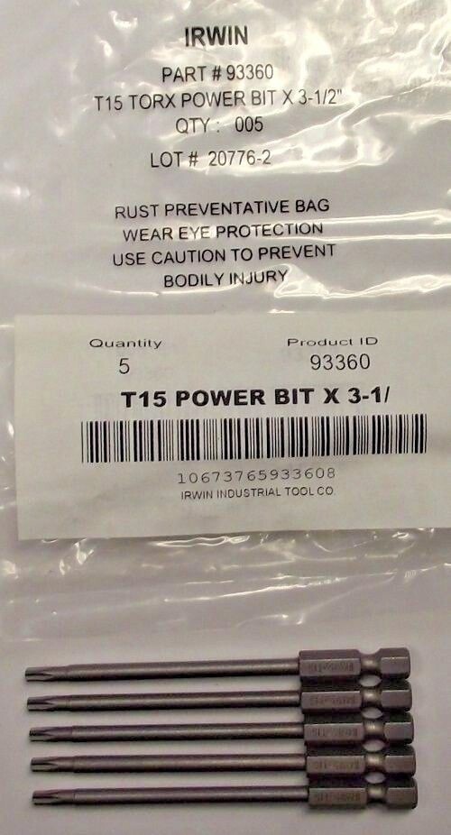 Irwin 93360 Torx Power Bit T15 1/4" Hex Drive, 3-1/2" OAL 5pcs. gallery