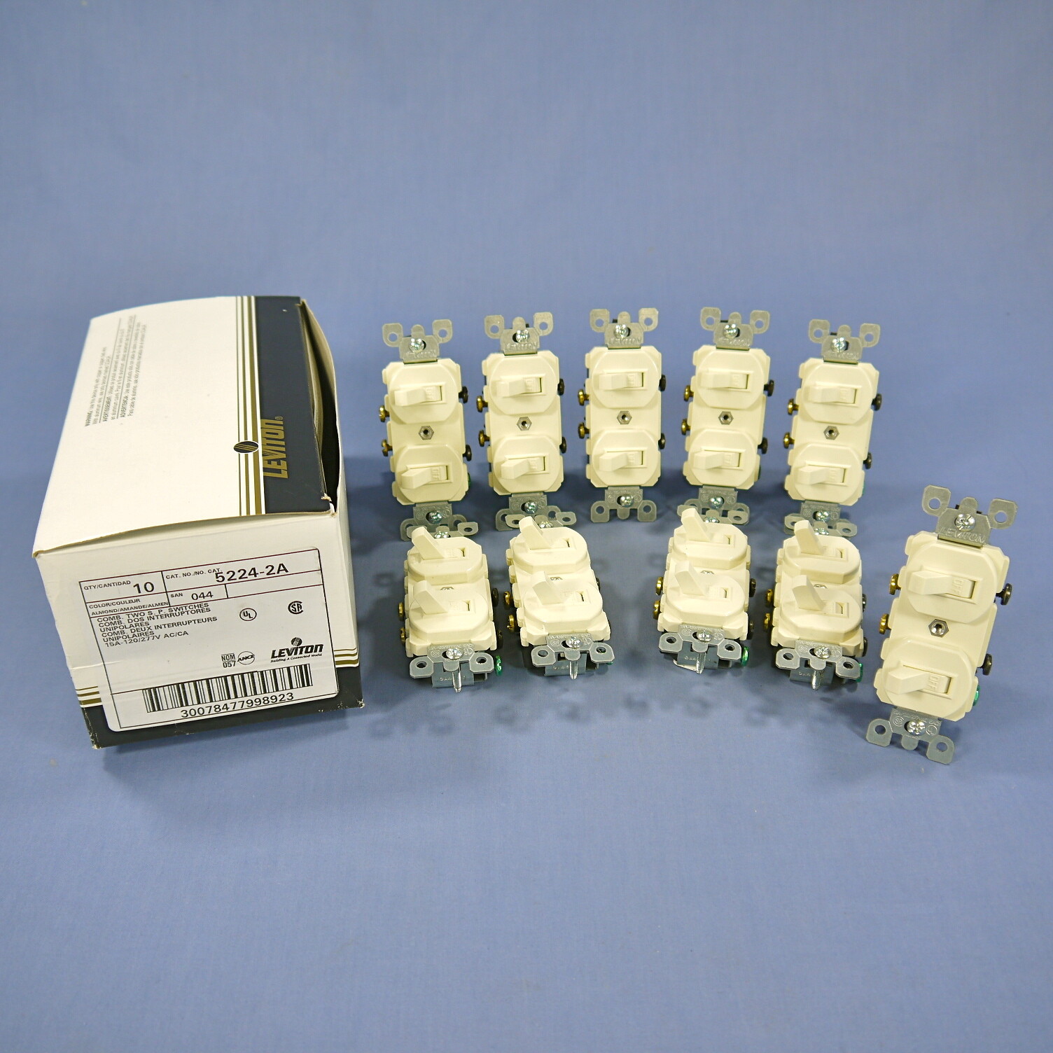 10 Leviton Almond Double Light Switches Duplex Toggle 15A Single Pole 5224-2A gallery