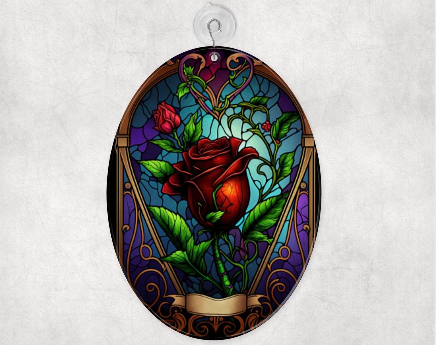 Rose Glass Suncatcher Handmade Window Hanging 9x65 Inches Bloom Art gallery
