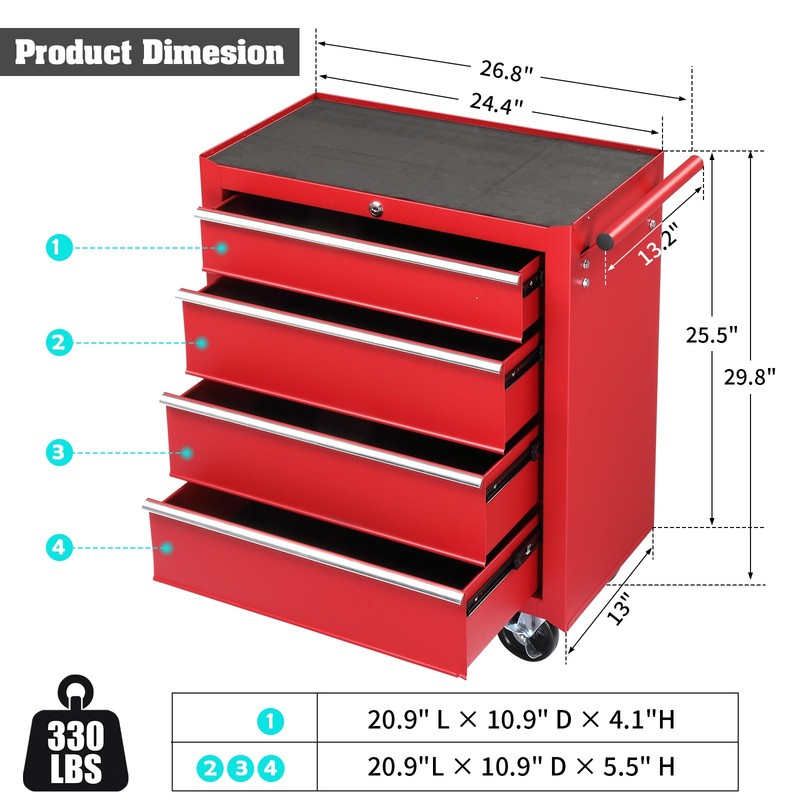 4-Drawer Rolling Tool Chest with Lock & Key, Tool Storage Cabinet with Wheels US gallery