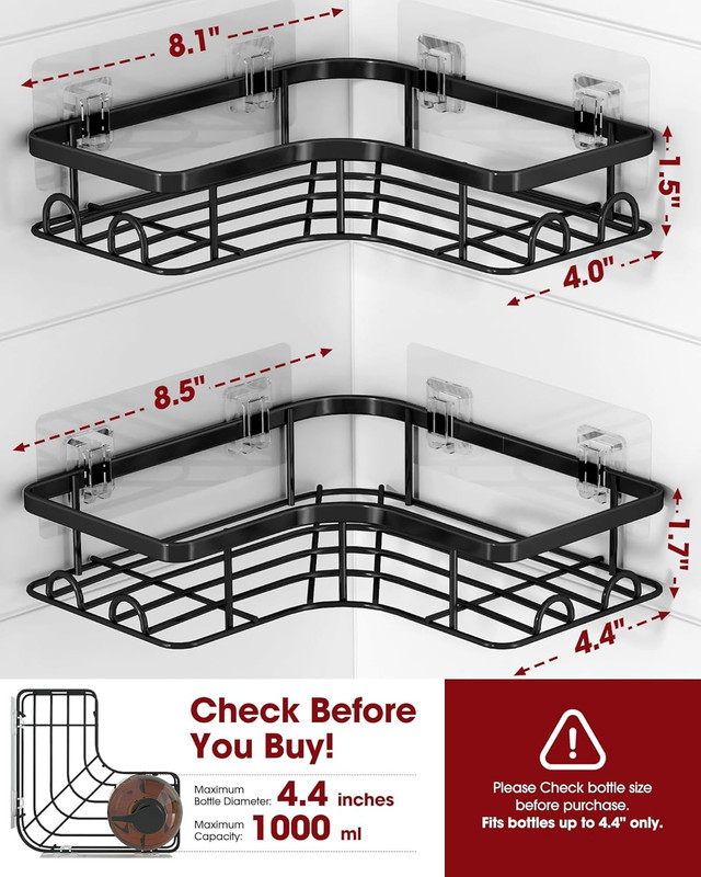 Corner Shower Caddy 2 Pack Adhesive Stainless Steel Shower Shelf Black Hooks Set gallery