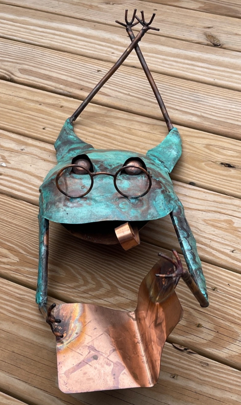 Large (27" L) Book-Reading Spectacled Frog Sculpture, Copper, Handcrafted USA gallery
