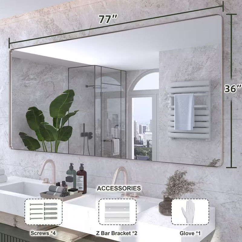 77 In. W X 36 In. H Rectangular Framed Wall Mounted Bathroom Vanity Mirror in Br gallery