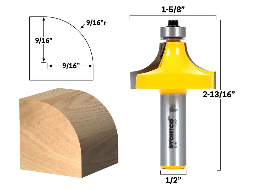 9/16" Radius Round Over Edge Forming Router Bit - 1/2" Shank - Yonico 13966