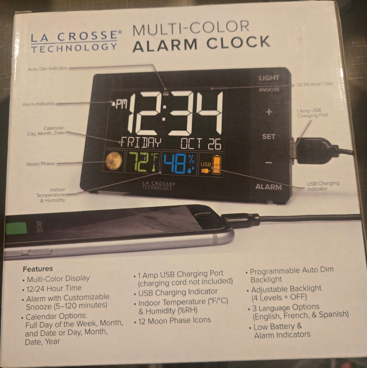 LA CROSSE TECHNOLOGY C86224 MULTI COLOR DIGITAL ALARM CLOCK W/2 USB PORTS / TEMP gallery