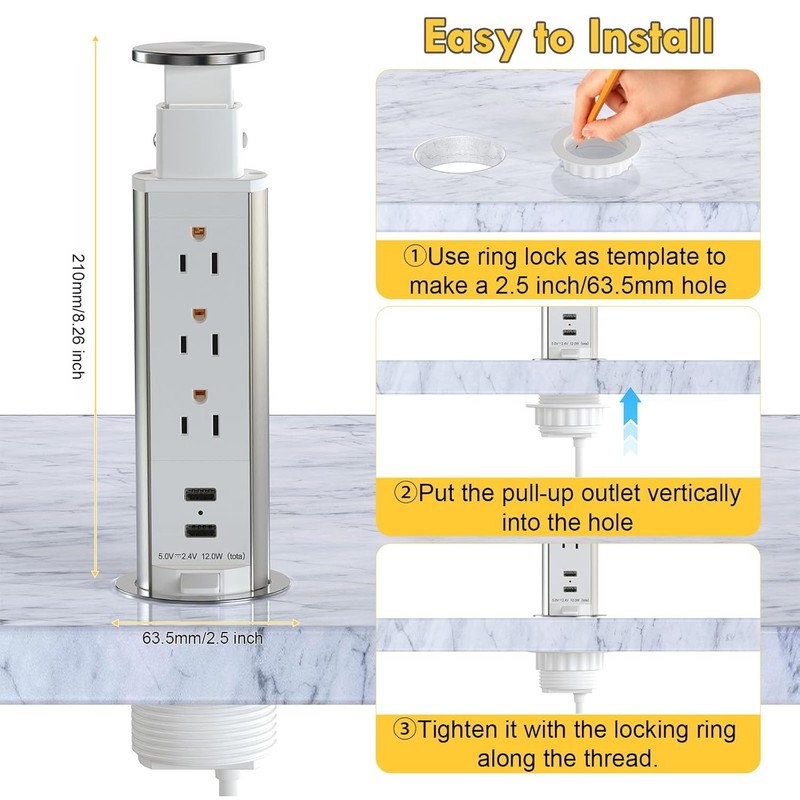 Pull-Up Power Socket – 3 AC Outlets, 2 USB Ports for Kitchen, Office, Desk gallery