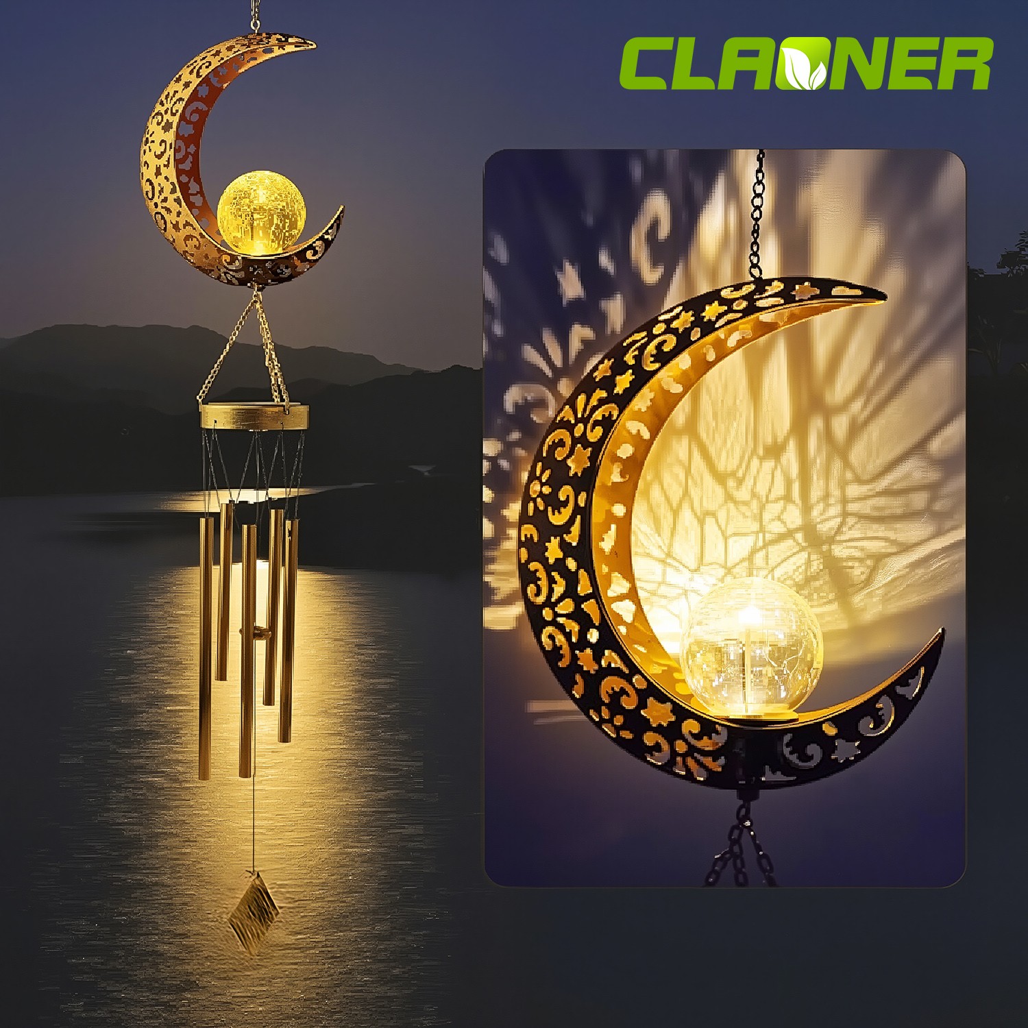 Solar LED Light Lamp Moon Wind Chimes Outdoor Home Solar Crackle Glass Ball Lamp gallery