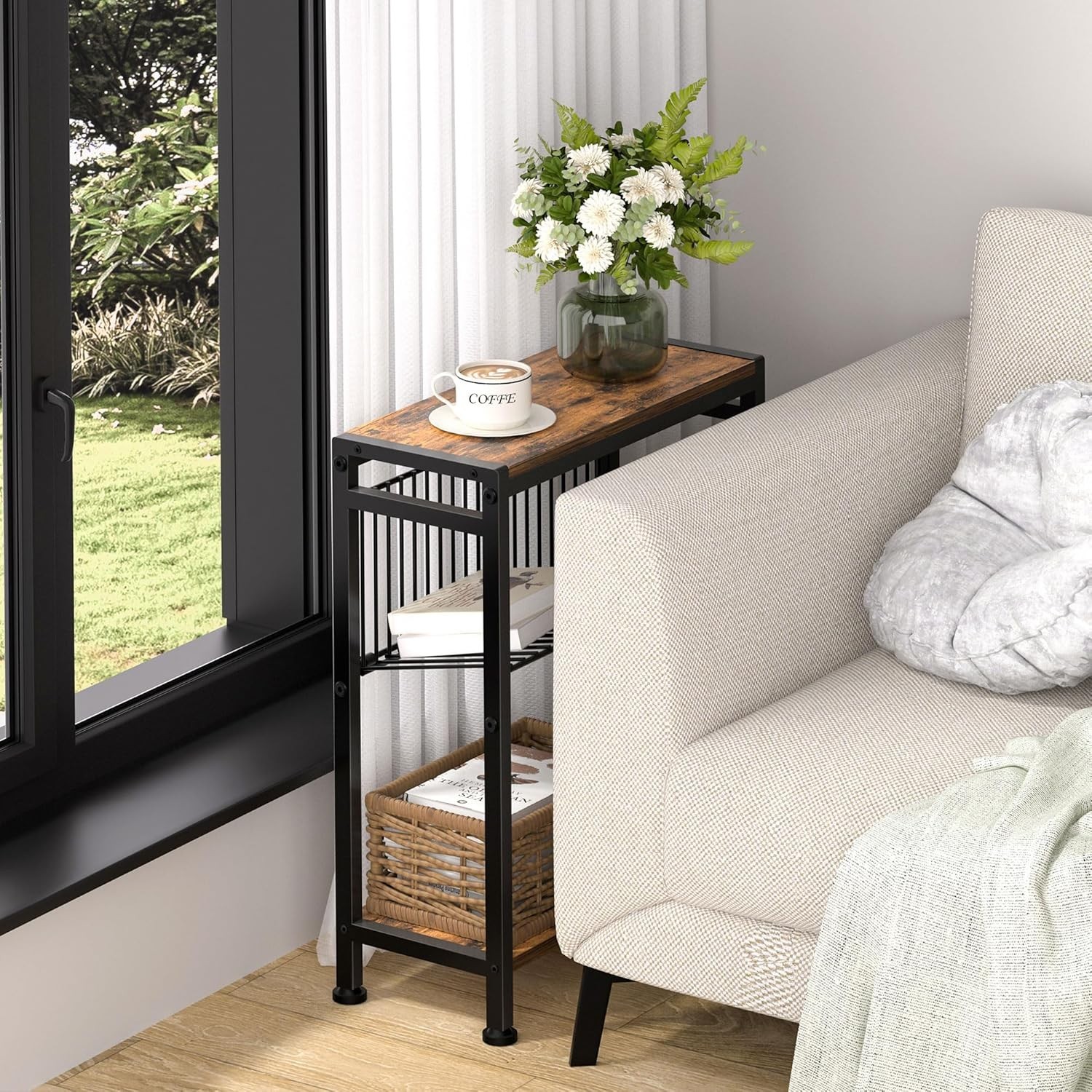 3-Tier Narrow Side Table with Magazine Holder – Slim Nightstand for Small Spaces gallery