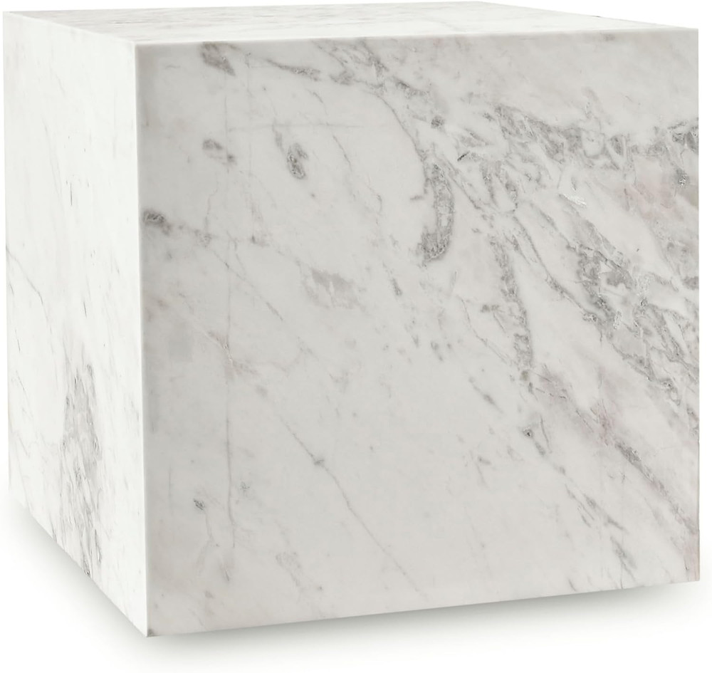 Art Deco White Marble End Table with Grey Veining - 18" Square
