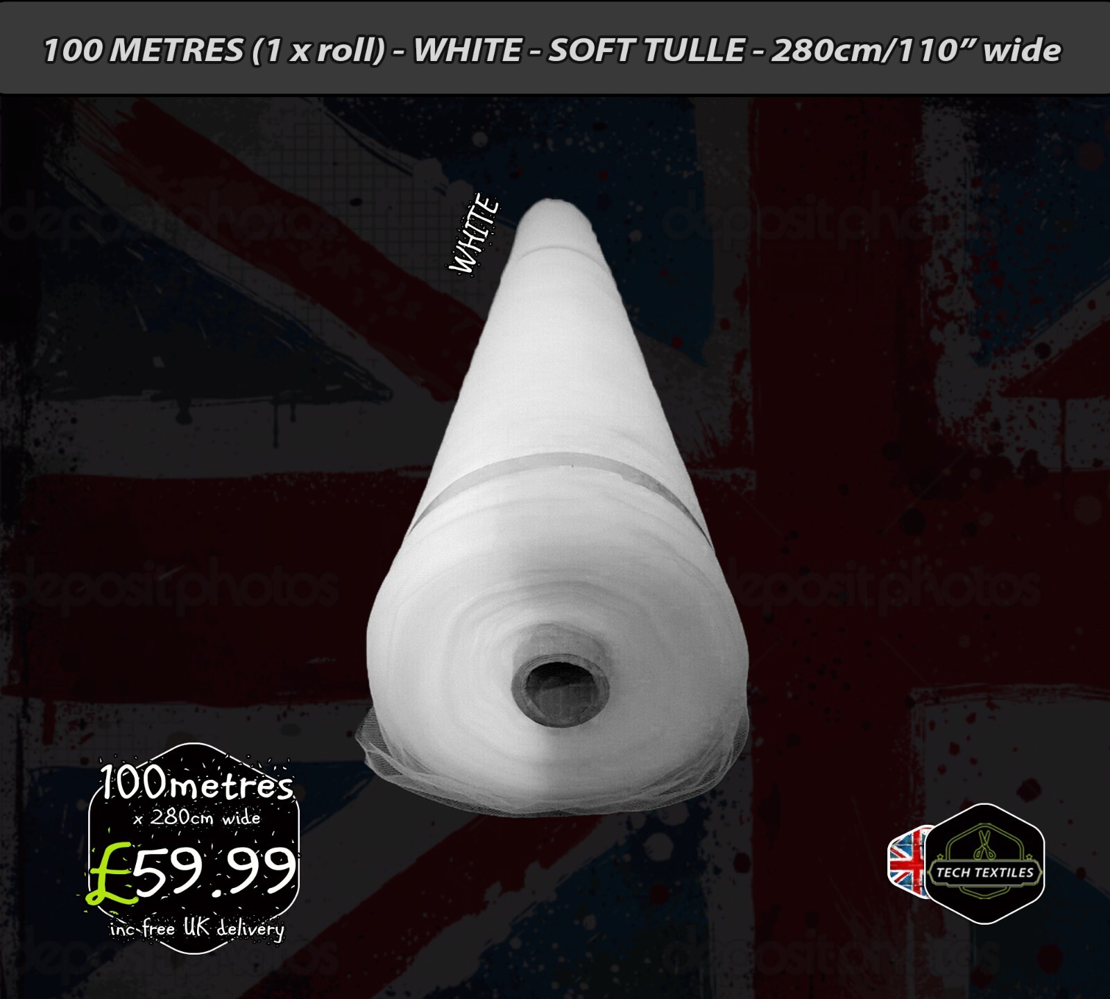 100 metres Roll - WHITE - SOFT TULLE FABRIC - BRIDAL & CRAFTS - 280cm/110" wide gallery