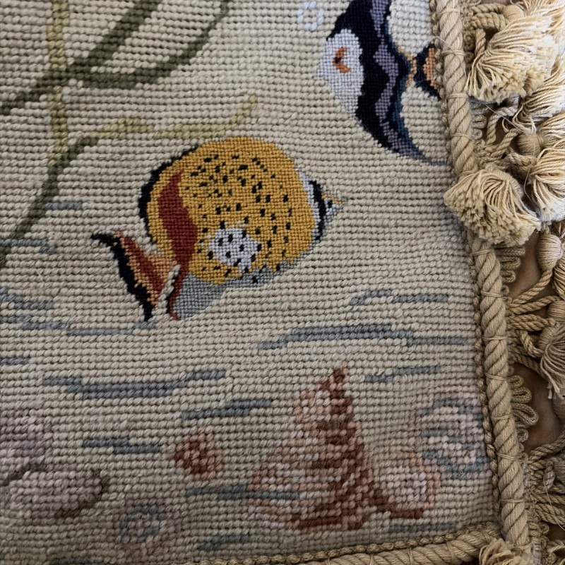 New Needlepoint Pillow Case Cover Fish Coral Sea Shells Beach Decor Tassels 18” gallery