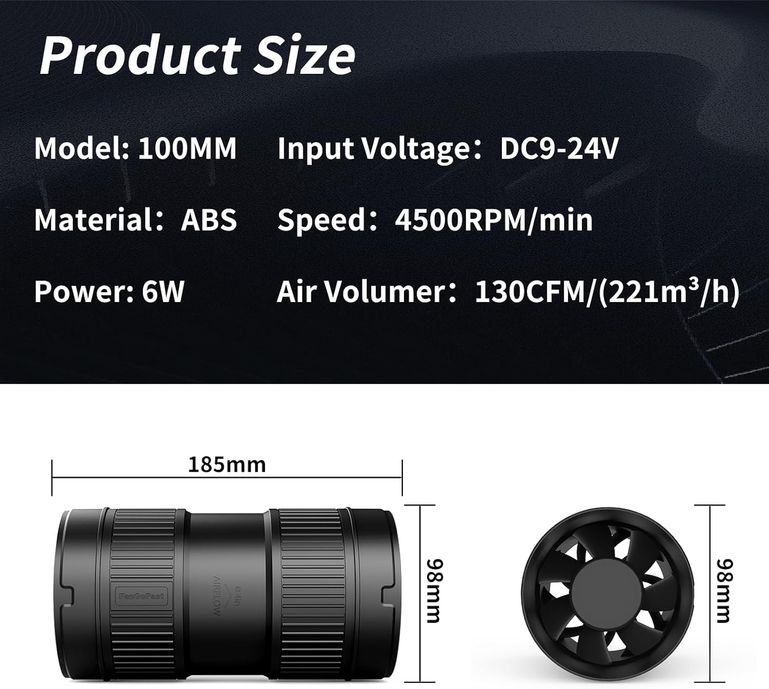 4 Inch Inline Duct Fan 130CFM Airflow with Stepless Speed Control Low Noise gallery