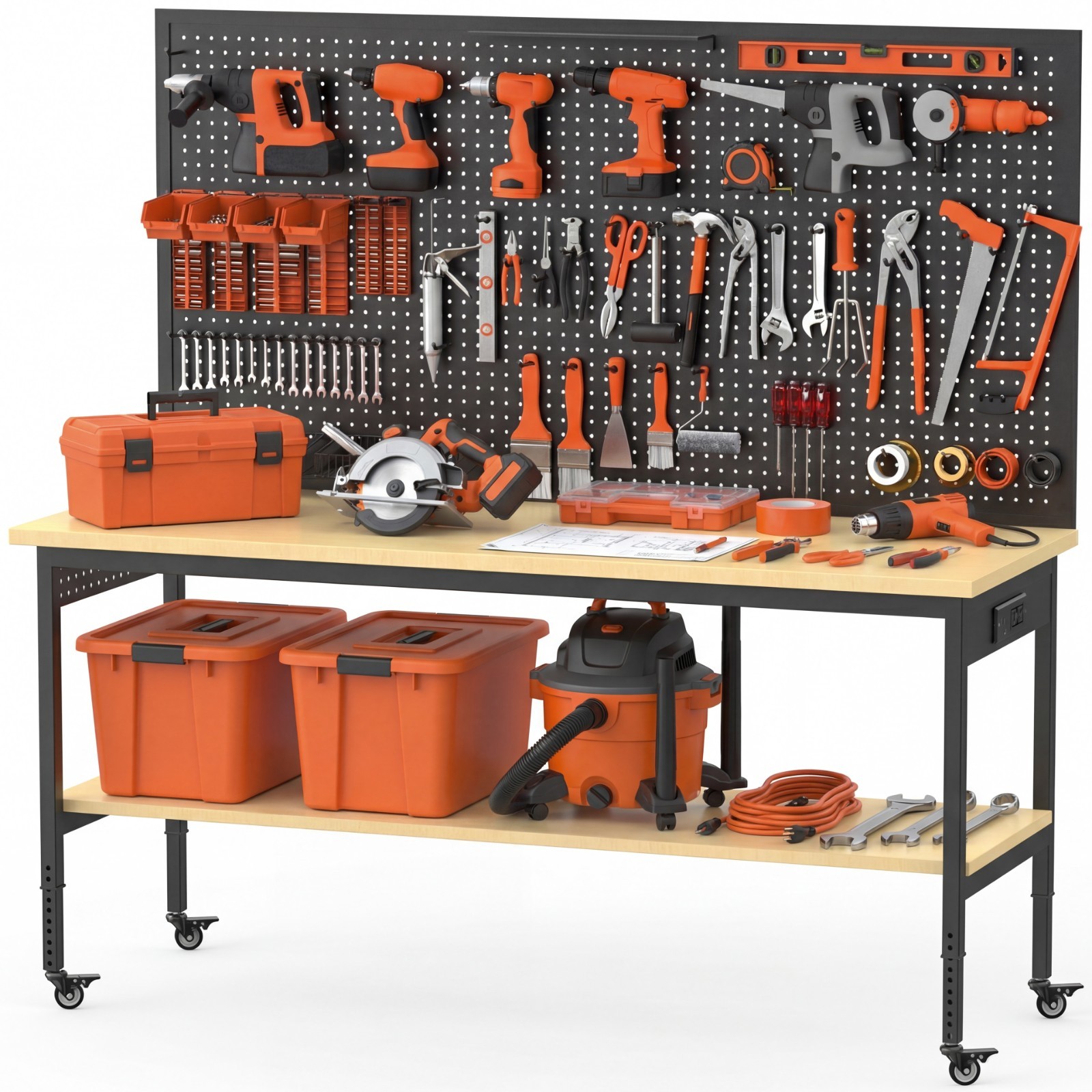 60" Garage Workbench 2000LBS w/ Pegboard LED Light Adjustable Rolling Table gallery