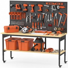 60″ Garage Workbench 2000LBS w/ Pegboard LED Light Adjustable Rolling Table
