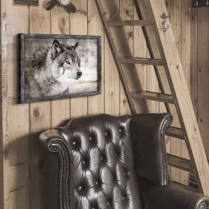 Wolf Framed Wall Art Decor: Modern Wild Animal Wooden Painting Rustic Natural... gallery