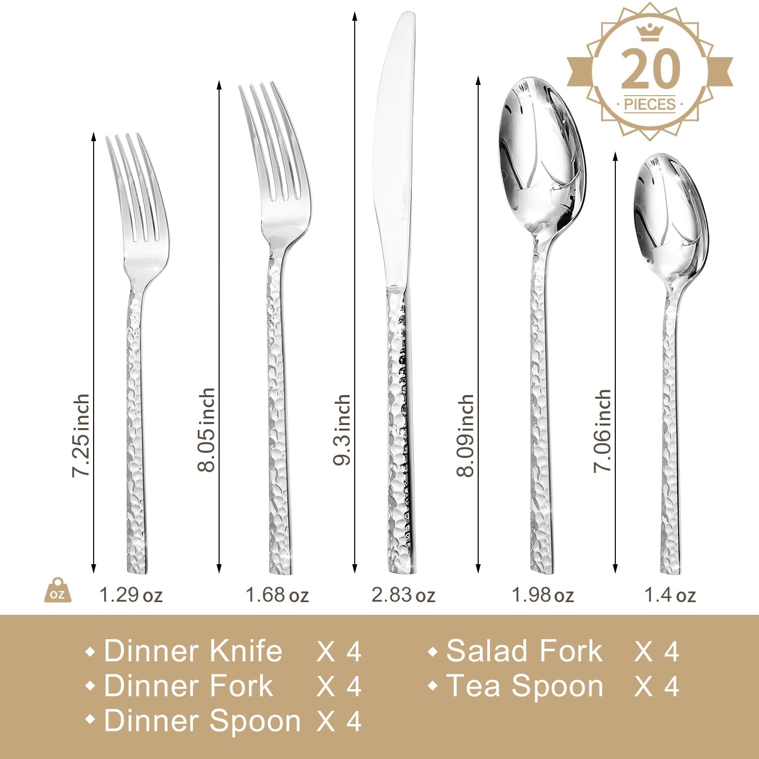 18/10 Stainless Steel Flatware Set 20pc Hammered Silver Dining Cutlery (78 gallery