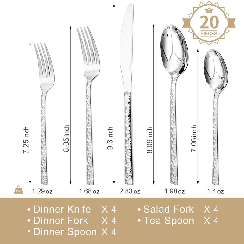 18/10 Stainless Steel Flatware Set 20pc Hammered Silver Dining Cutlery (78 gallery