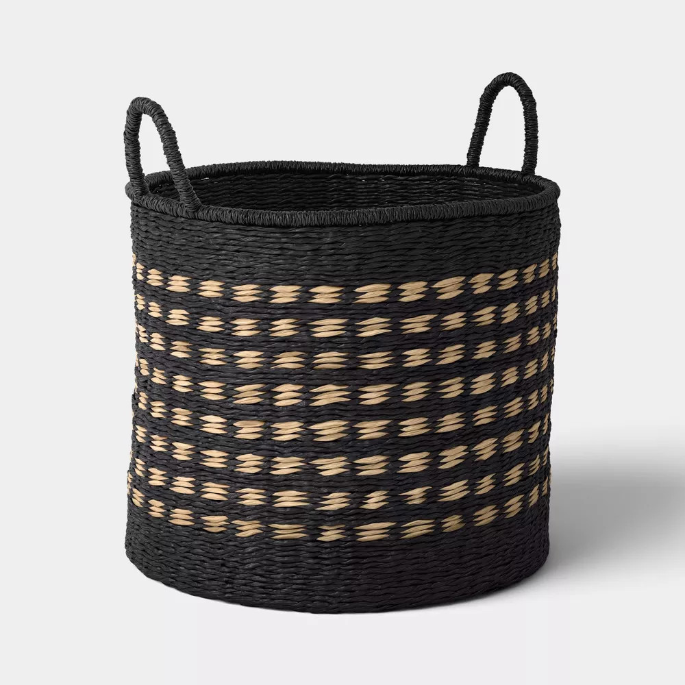 16" Pattern Woven Decorative Basket with Curved Handle Black/Natural - Threshold gallery