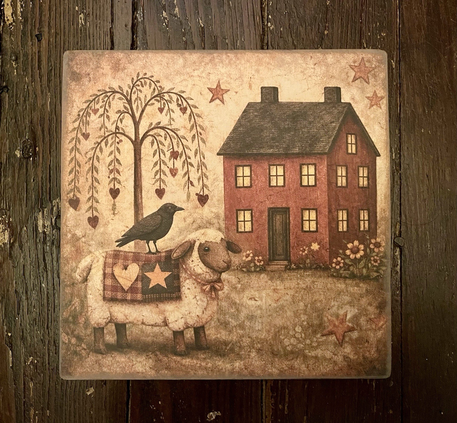 Saltbox House, Sheep, Crow, Folk Art, Primitive Handcrafted Plaque / Sign 8x8 gallery