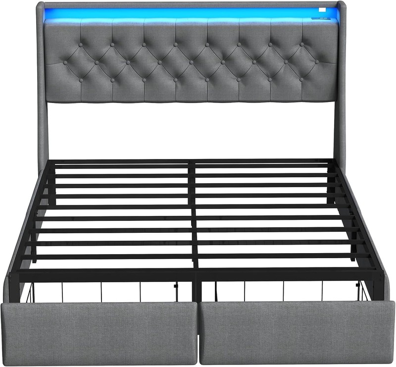 Full Queen Storage Bed Frame with LED Light,Upholstered Headboard &Charging Port gallery
