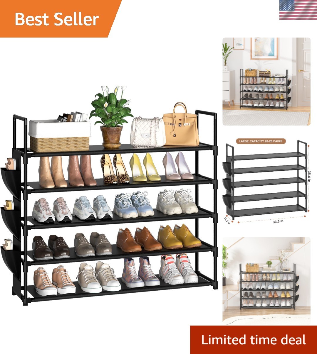 Modern Space-Saving 5-Tier Shoe Rack with Side Storage Bag - 20-25 Pairs gallery
