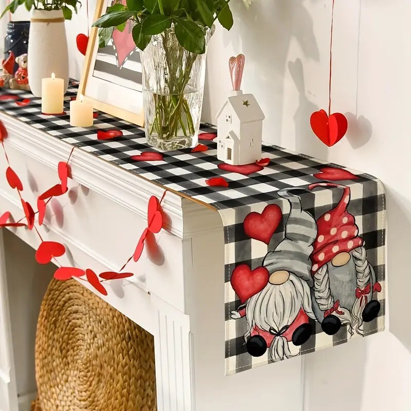 Valentines day linen table runner, hearts, gnomes, 13 x 48 inch gallery