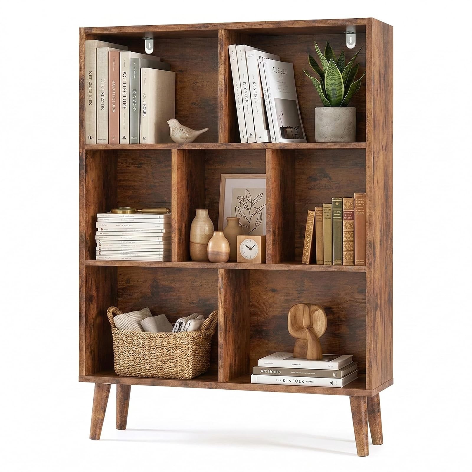 Wood Bookshelf 7 Cube Storage Organizer with Legs 3-Tier Modern Wooden Bookcase gallery