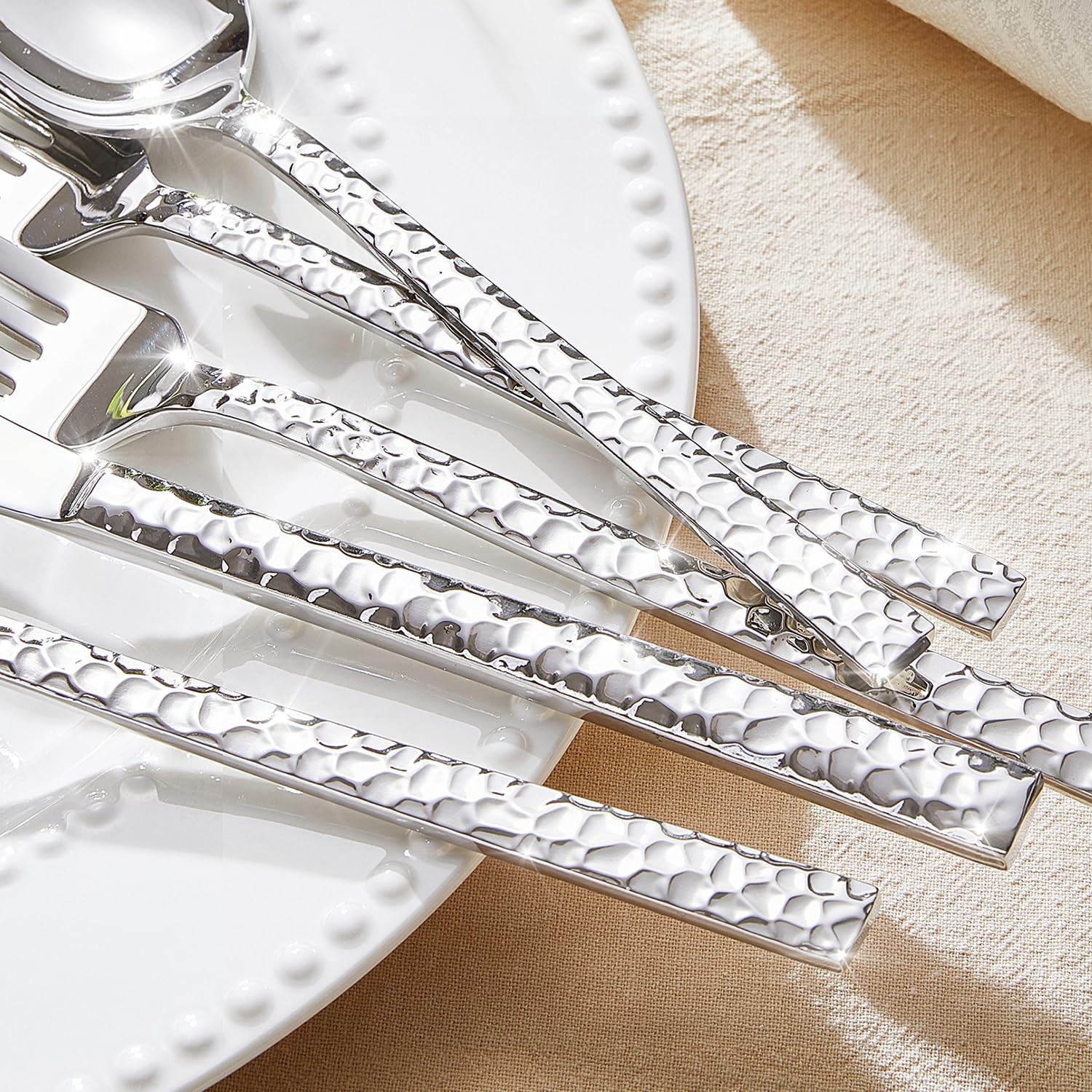 18/10 Stainless Steel Flatware Set 20pc Hammered Silver Dining Cutlery (78 gallery