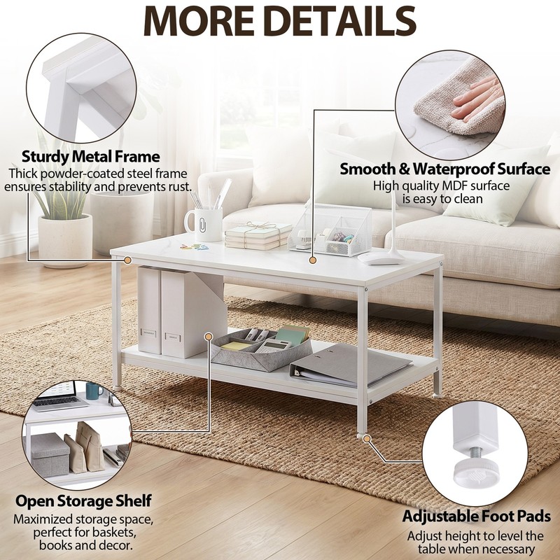 31'' Rectangle White Coffee Table with Storage Shelf Metal Feet for Living Room gallery