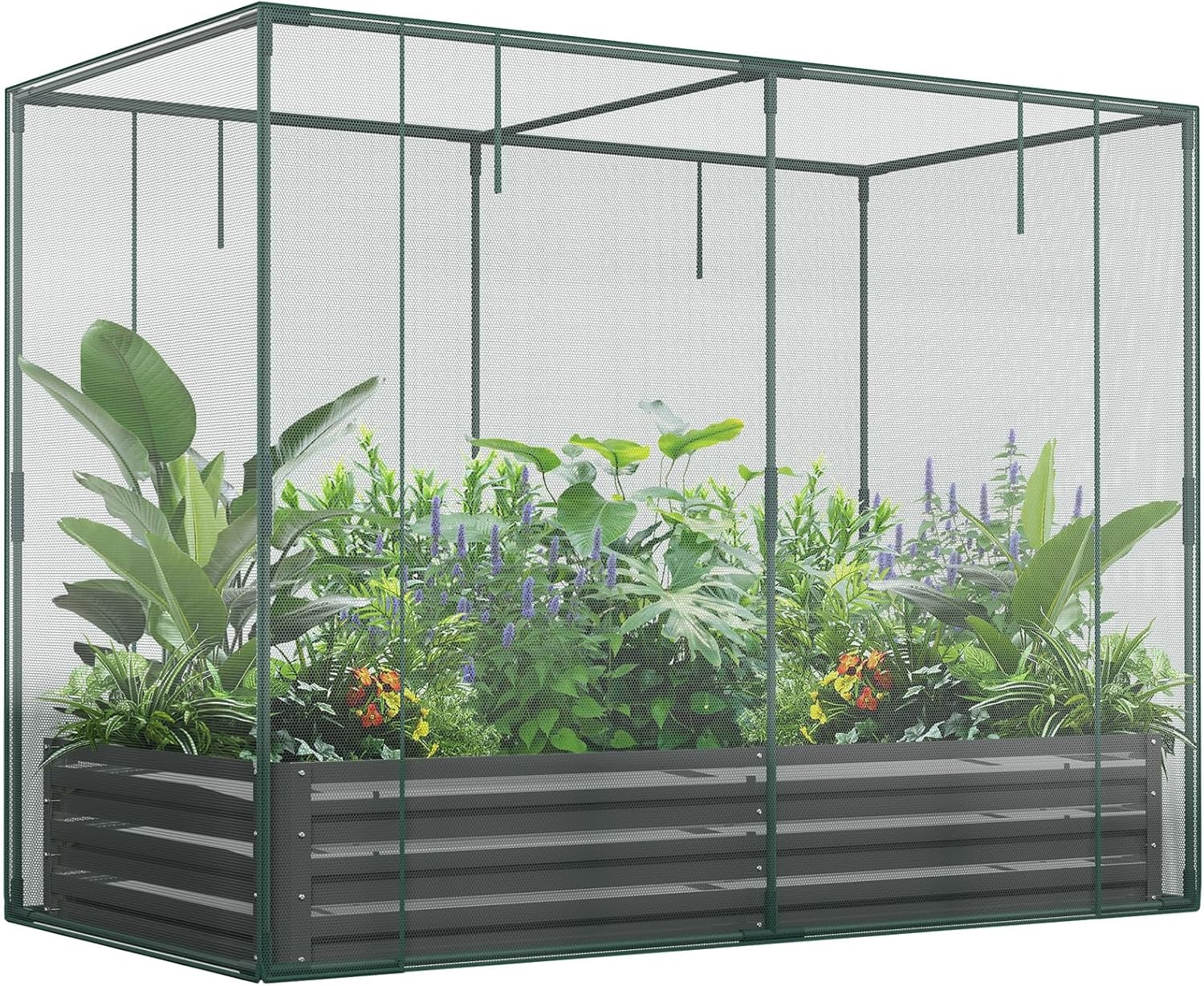 NAIZEA Galvanized Raised Garden Bed with Crop Cage Plant Protection Net Tent Kit gallery
