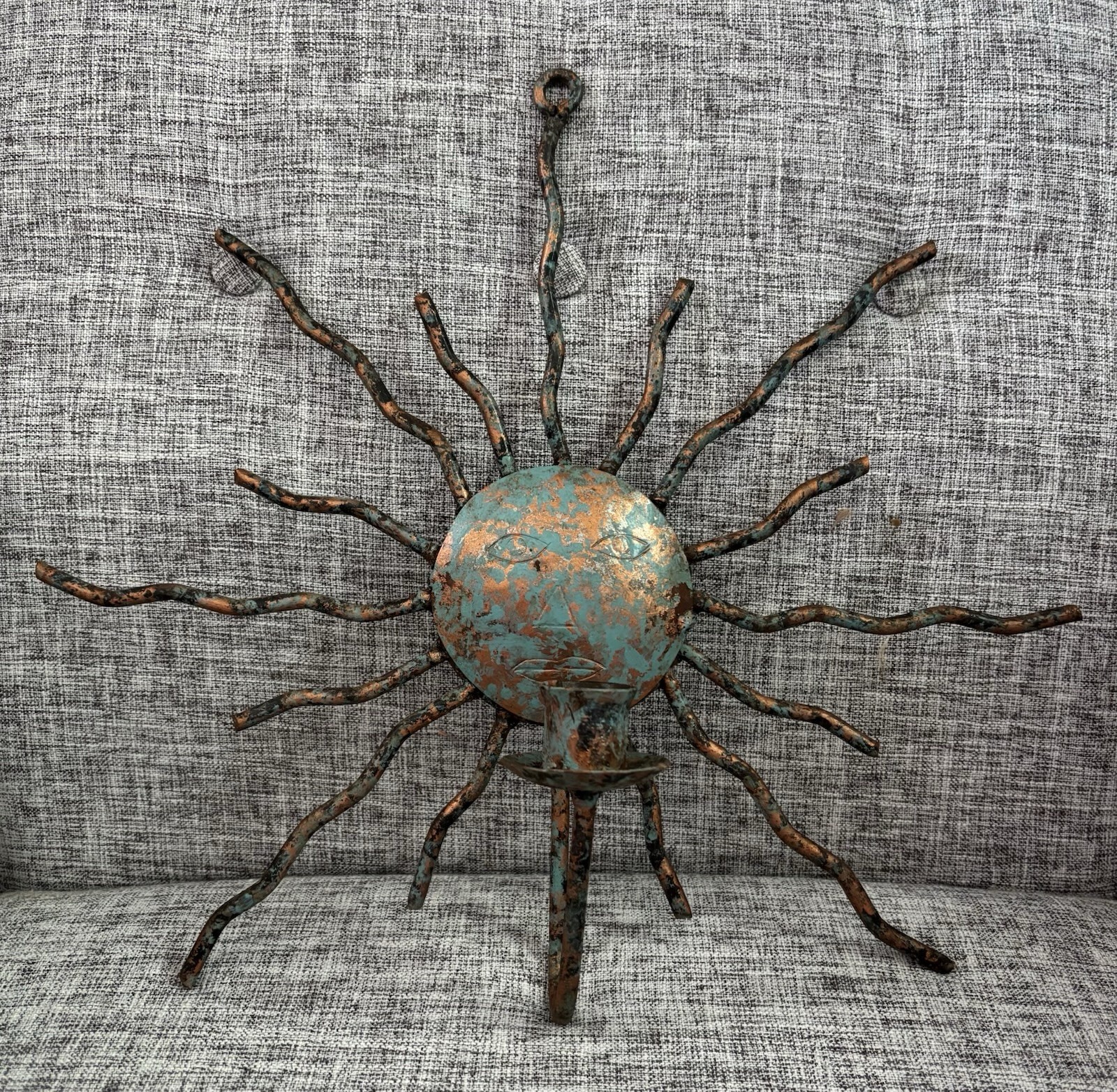 Vintage Copper Sun Face Wavy Rays Wall Decor With Candle Holder Verdigris Patina gallery