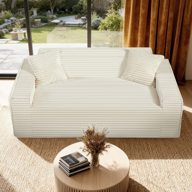 3-Seater Floor Sofa, Deep Seat, with Pillows, Compressed in Box, Corduroy Beige gallery