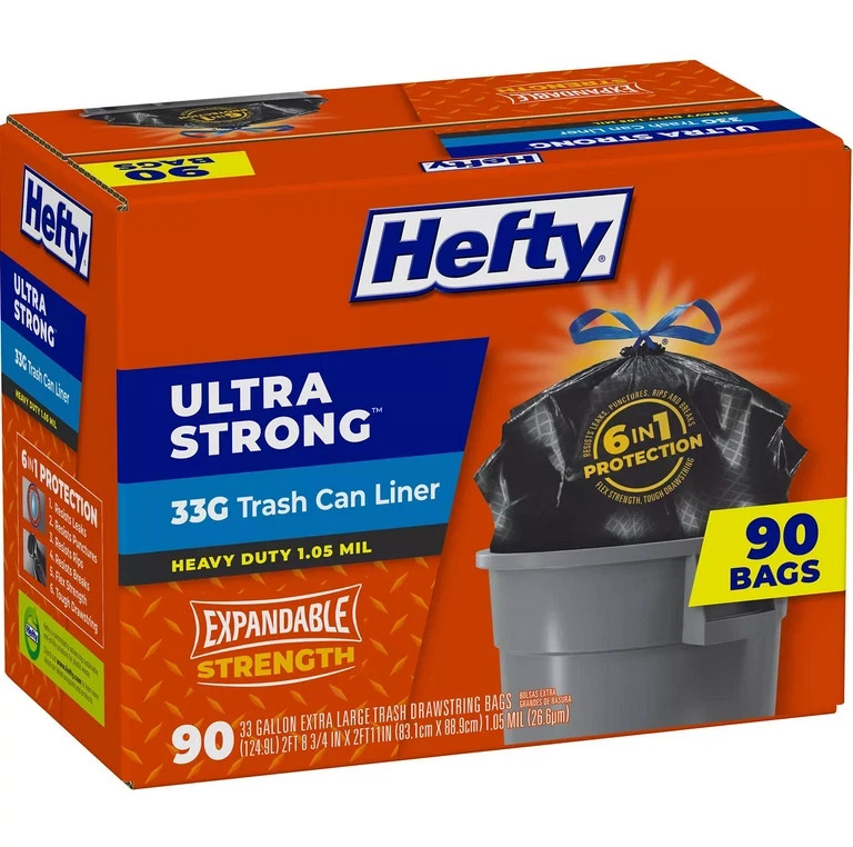 4 Pack - Hefty Ultra Strong Drawstring Trash Bags, Unscented 33 gal., 90 ct. gallery
