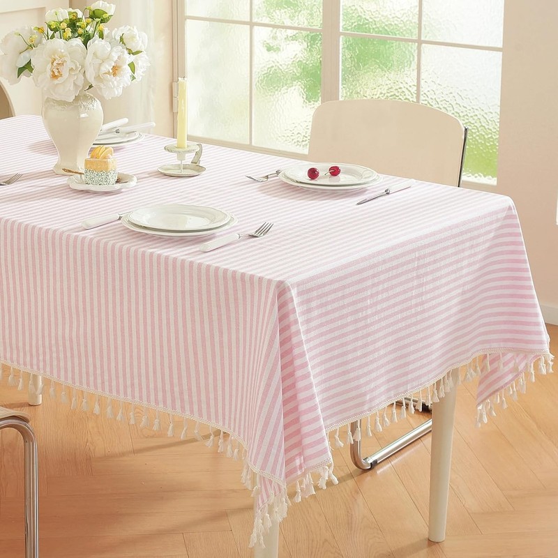 Striped Square Tablecloth, Cotton Blend Fabric Pink Table Cloth with Tassel, gallery