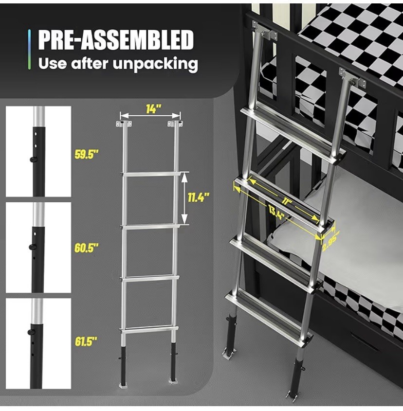 Bunk Bed Ladder, 3-Level Height Adjustment (59.5”/60.5”/61.5”) Anti-Slip RV Dorm gallery