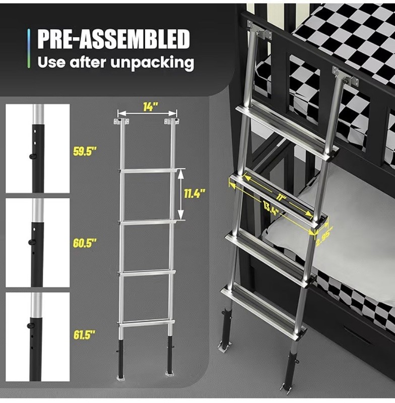 Bunk Bed Ladder, 3-Level Height Adjustment (59.5”/60.5”/61.5”) Anti-Slip RV Dorm gallery