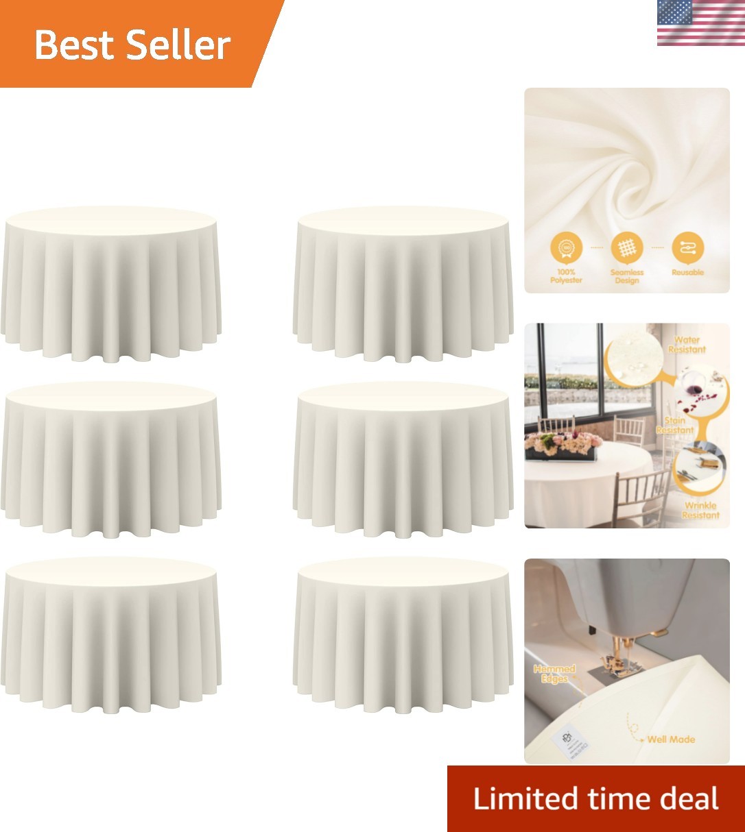 6 Pack Ivory Round Tablecloths 120 Inch for 60” Tables - 150 GSM Polyester Fa... gallery