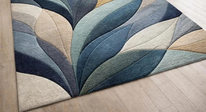 Hand Tufted Wool Area Rug, Abstract Leaf Design, Blue Beige Contemporary Carpet gallery