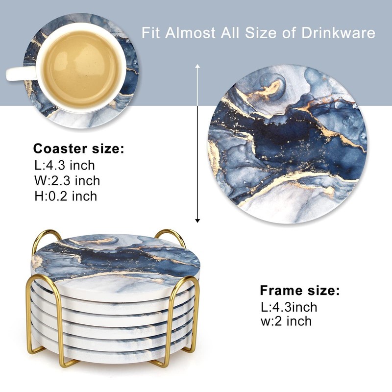 6 Pcs Navy Blue Marble Abstract Ceramic Coasters with Holder Best Absorbent Drin gallery