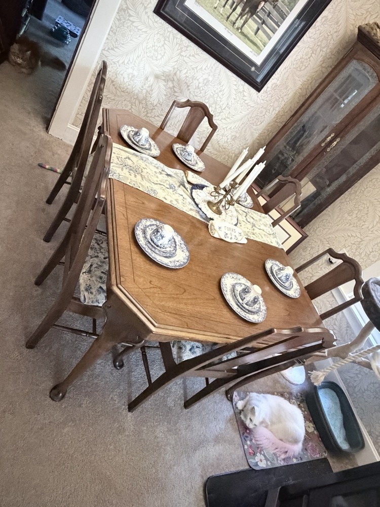 Antique Medium Wood Rectangular Dining Table & 7 Chairs Set