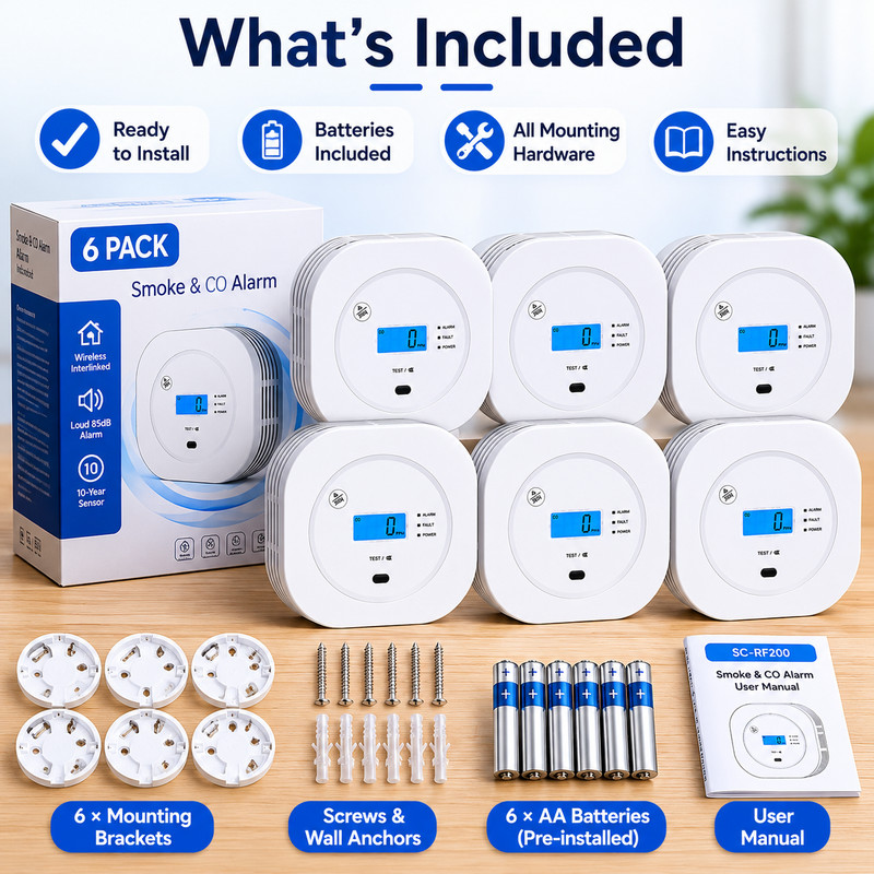 Wireless Interlinked Smoke & Carbon Monoxide Alarm 6 Pack LCD Display SC-RF200 gallery