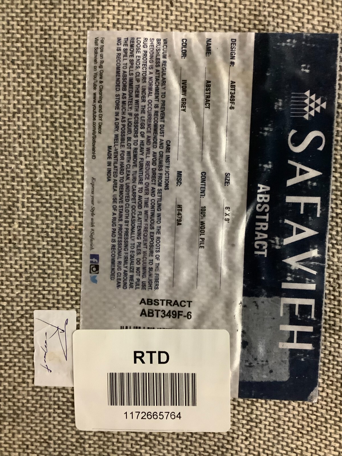 IVORY / GREY 6' X 9' Back Stain Rug, Reduced Price 1172665764 ABT349F-6 gallery