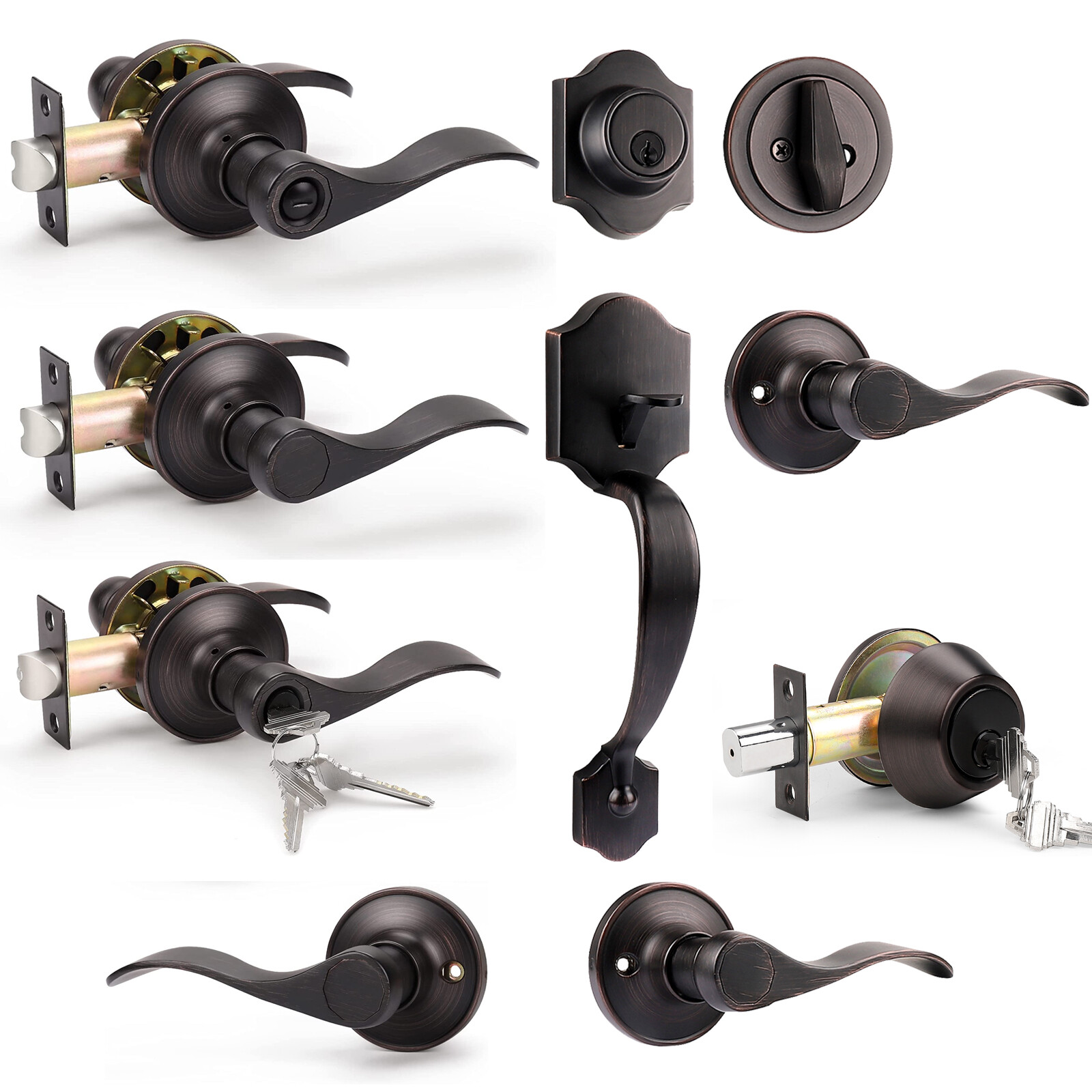 Probrico Oil Rubbed Bronze Front Door Handle Entry Lock Set Wave Levers gallery
